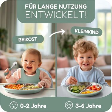 Дитячий набір посуду з нержавіючої сталі mamou, 6 предметів Тарілка та миска з кришкою, столові прибори та нагрудник Без бісфенолу А, гігієнічний та несмачний Екологічний та довговічний Дитячий та малюковий колір