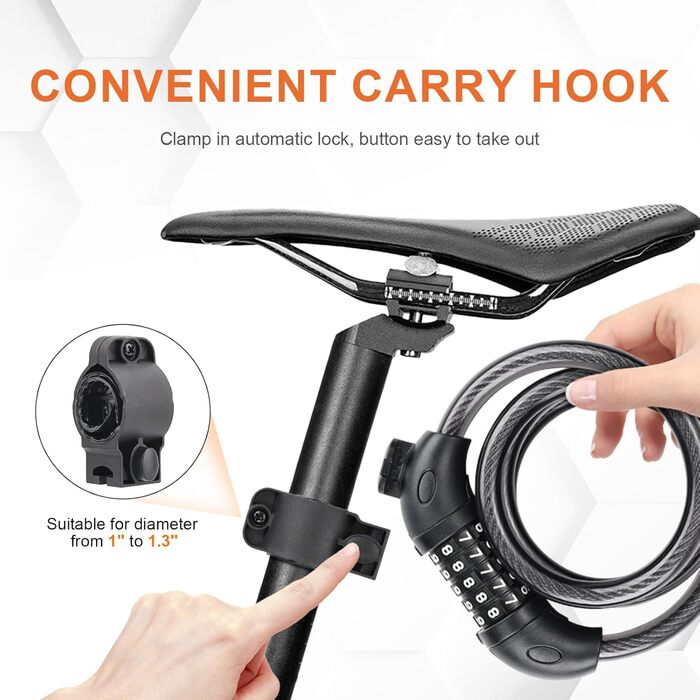 Дитячий велосипедний замок, 120 см, захист від крадіжки, кабельний замок з 5-значним кодом, для велосипедів, мотоциклів, скутерів, чорний. Замок з кодовим механізмом., 1203-12