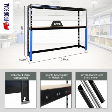 Стелаж для гаража PROREGAL Hercules, компактний, доступний для навантажувача, розміри (ВxШxГ) 180x240x50 см, 2 рівні зберігання, вантажопідйомність полиці 300 кг, чорний, надміцний стелаж, стійка для зберігання