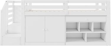 Дитяче ліжко 90x200, ліжко-горище з письмовим столом, шафою для зберігання та сходами для зберігання, дерев&39яне ліжко із захистом від падіння та рейковою основою, односпальне ліжко, дитяче ліжко, функціональне ліжко, ліжко з місцем для зберігання, карка