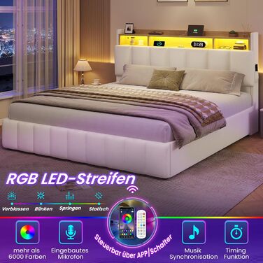 Ліжко зі світлодіодним освітленням, гідравлічне ліжко 140 x 200 см, м&39яке ліжко, узголів&39я з полицею та місцем для зберігання речей, каркас ліжка з рейковою основою, зручне, для спальні, гостьової кімнати, PU білий 140 x 200 білий