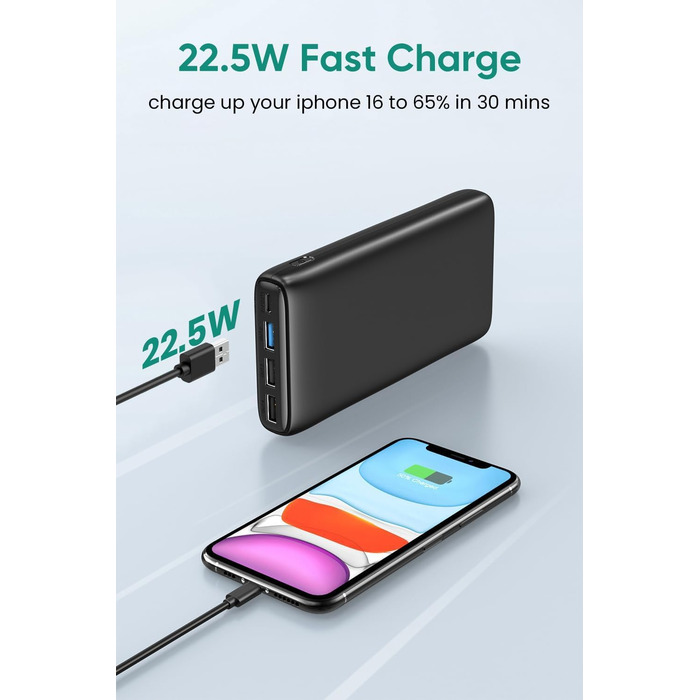 Зовнішній акумулятор ADDTOP Powerbank 26800mAh з потужністю 22,5 Вт, портативний зарядний пристрій з 4 портами, сумісний зі смартфонами, планшетами та іншими пристроями, чорний