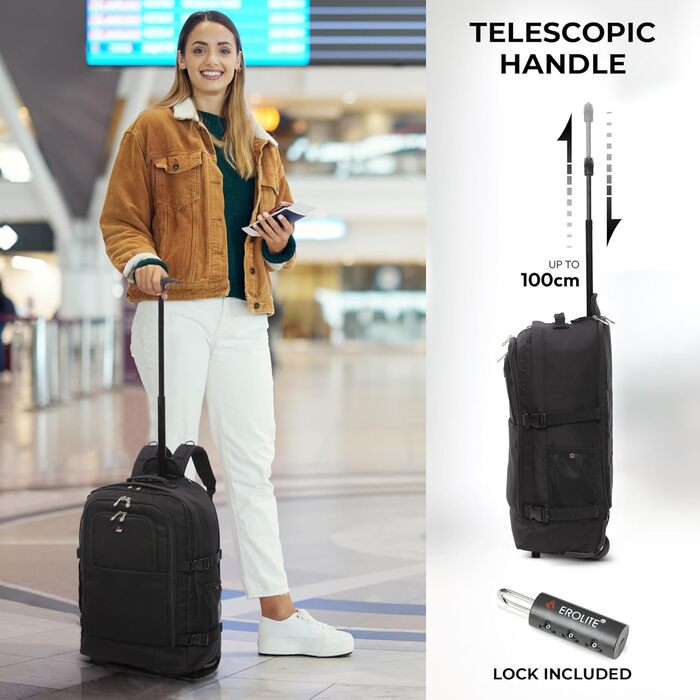 Рюкзак 5 Cities 55 см, сумка на візках, ручна поклажа, легкий, схвалений для використання в кабіні літака, з плечовими ременями, на колесах, валіза, ручна поклажа, чорний колір V2