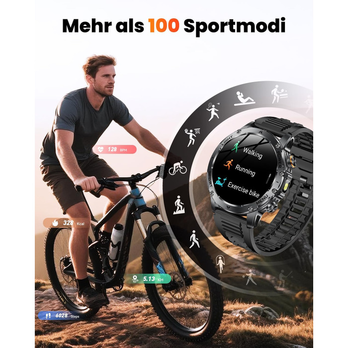 Чоловічий військовий смарт-годинник з акумулятором 1000 мАг, 1,7-дюймовий HD смарт-годинник/світлодіодний ліхтарик/водонепроникність IP68/пульсометр/SpO2/монітор сну/100 спортивних режимів, фітнес-годинник для iOS Android чорний