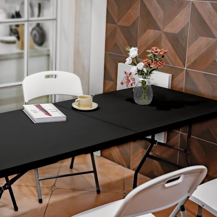 Складаний стіл, 180 см, портативний, міцний, пластиковий, розкладний, для використання в приміщенні та на вулиці, для кемпінгу, пікніків та вечірок (чорний)