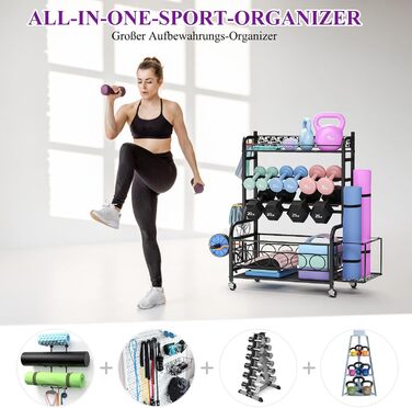 Стійка для гантелей, багатофункціональне сховище для гантелей, підставка для гантелей з колесами та гачками, може вмістити гантелі, килимки для йоги, ролики для фасцій, гирі та інші гантелі, чорна, для дому