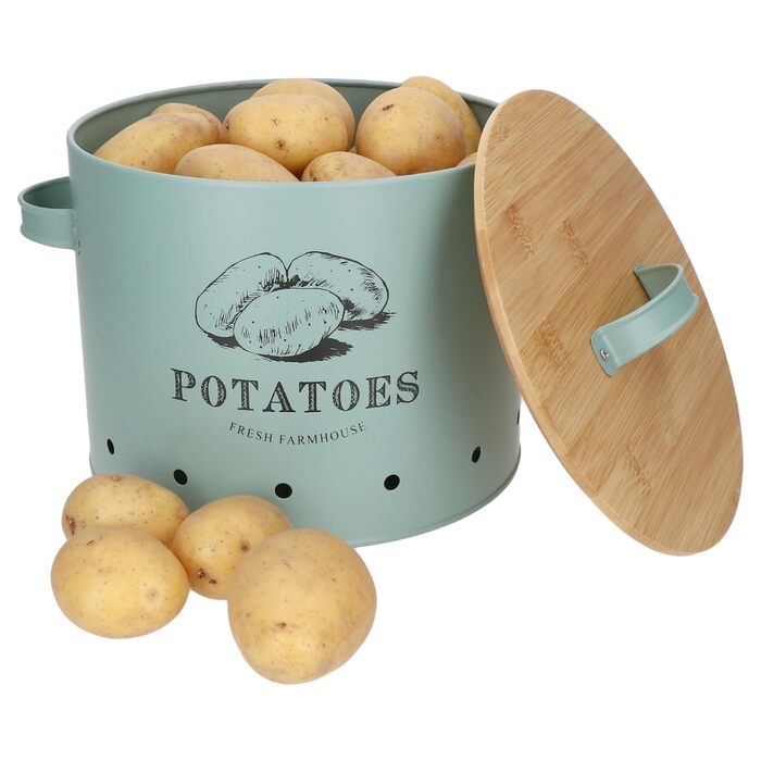Вентильований металевий контейнер для зберігання картоплі з бамбуковою кришкою I коробка для зберігання з принтом для кухні