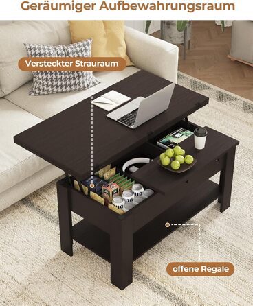Журнальний столик з регульованою висотою, багатофункціональний стіл для вітальні 3-в-1, журнальний столик, приховане місце для зберігання, відкрите відділення, можна використовувати як обідній стіл, для вітальні, офісу, чорно-коричневий
