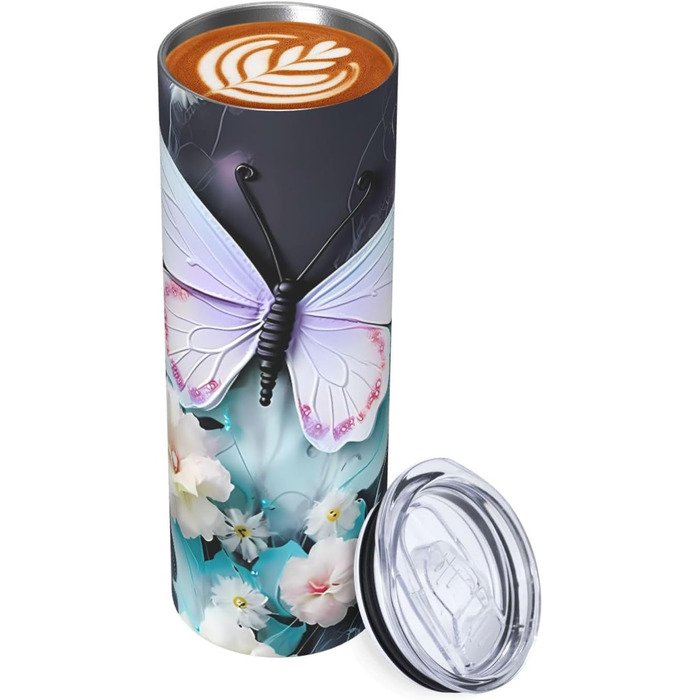Кухоль з прямою трубочкою, 590 мл, білий метелик, принт, дорожній кухоль, підходить для кемпінгу, офісу та дому