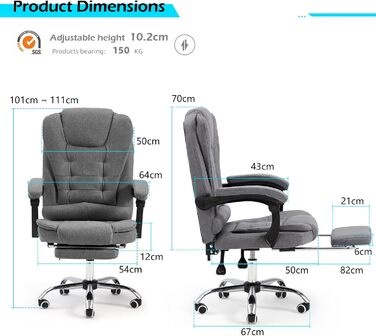 Офісний стілець YODOLLA, вантажопідйомність 200 кг, ергономічне крісло керівника, письмове крісло з функцією відкидання, комп&39ютерне крісло з регульованою висотою та шкіряною підставкою для ніг, сірий