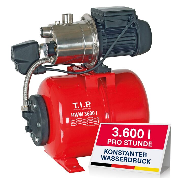 Станція водопостачання T.I.P. 31188 HWW 3600 I (продуктивність до 3600 л/год, напір до 40 м / тиск 4,0 бар, 650 Вт, сталевий гідроакумулятор на 18 л, реле тиску та манометр)