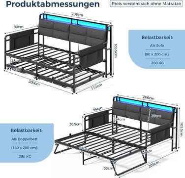 Розкладний диван-ліжко з висувним ліжком, кушетка 90x200(180x200) см, розкладна кушетка зі світлодіодним освітленням та зарядною станцією (2 розетки змінного струму, 2 порти USB), односпальне та двоспальне ліжко, гостьове ліжко сірого кольору 90x200 см/18