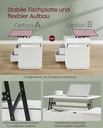 Журнальний столик VASAGLE, стіл для вітальні з регульованою висотою, 2 шухляди та приховані відділення, журнальний столик, відкриті полиці, для вітальні, домашнього офісу, білий LCT210W01