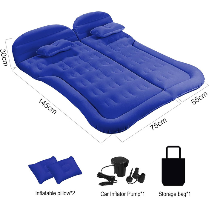 Надувний матрац Vinteky для позашляховика, мінівена, розкладне ліжко з насосом та 2 подушками для автомобіля, відпочинку, подорожей, кемпінгу, басейну, парку, пляжу (синій)