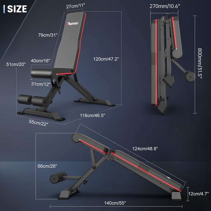 Складана силова лава PASYOU з регульованими положеннями 9x4x3, багатонахилна лава для тренування м&39язів живота та спини вдома, максимальна вантажопідйомність 318 кг