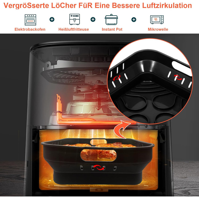 Силіконова форма 22 см для фритюрниці, аксесуари для фритюрниці 2 шт. Силіконова форма для випічки XXL для COSORI 5.5 л, Cecotec 6 л, Tefal EY8018 6.5 л багаторазова замість паперу для випічки аксесуари для фритюрниці чорний