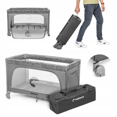 Складане та компактне дитяче ліжечко Grotta - дорожнє ліжко та манеж від народження до 15 кг, з колесами, матрацом та сумкою для перенесення, бічний вхід на блискавці, повітропроникні сітчасті боки