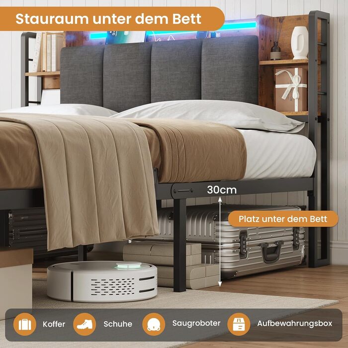 Ліжко AOGLLATI каркас 140x200 зі світлодіодним освітленням та функцією заряджання через USB, металевий каркас ліжка з узголів&39ям для зберігання речей, м&39яке узголів&39я, дитяче ліжко, двоспальне ліжко з рейковою основою (140 x 200 см)