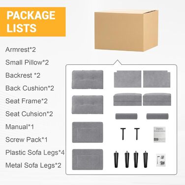 Місний диван, сучасний дизайн з товстими подушками, 2 подушки, зручний лляний диван з 2 відділеннями для зберігання речей для вітальні/спальні/офісу, легко збирається невеликий предмет меблів, класичний сірий, 2-