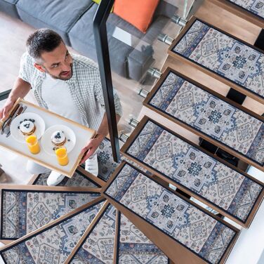 Килимки для сходів YISUN з принтом 65x20 см, знімні та миючі протиковзкі килимки, самоклеючі килимки для сходів, килимки для сходів в приміщенні, для кухні, спальні, дітей, людей похилого віку, собак, синього кольору