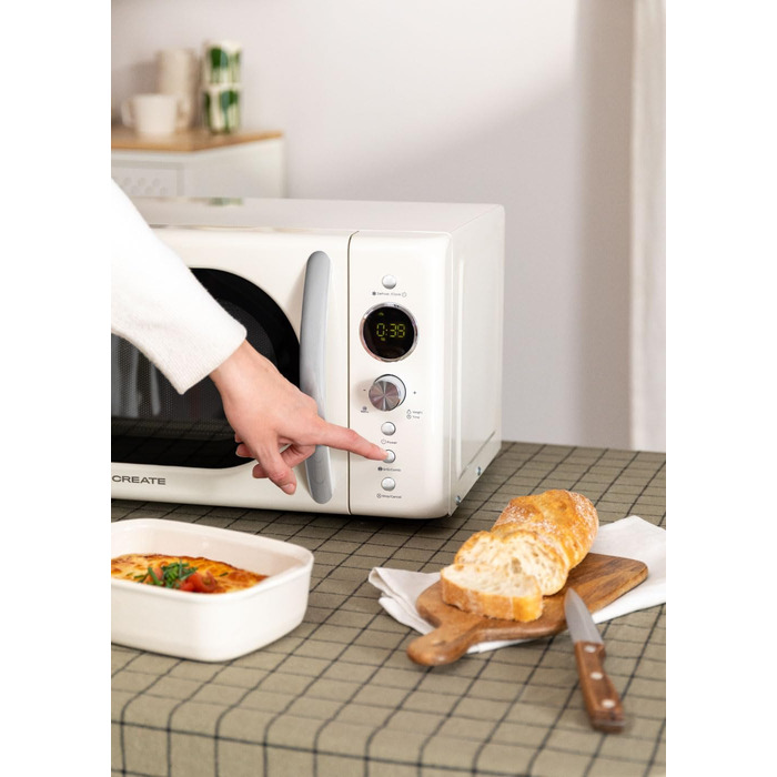 СТВОРИТИ/МІКРОХВИЛЬОВА ПІЧ РЕТРО/Цифрова мікрохвильова піч з функцією гриля кремово-білий/ретро стиль, ємність 20 л, посуд Ø245 мм, 3 програми, 9 попередньо встановлених меню, багатоступеневе приготування, РК-дисплей