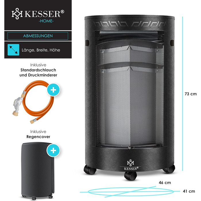 Керамічний газовий обігрівач KESSER® потужністю 4200 Вт, включаючи регулятор тиску газу, газовий шланг, газовий обігрівач із захисним чохлом, газовий обігрівач, інфрачервоний керамічний пальник, газові балони з бутаном або пропаном, чорний колір