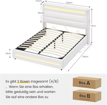 Ліжко 160x200 зі світлодіодним освітленням, Гідравлічне ліжко 160x200 см, М&39яке двоспальне ліжко, Каркас ліжка з місцем для зберігання та рейковою основою, Спальня, ПУ білий 160 x 200 Білий