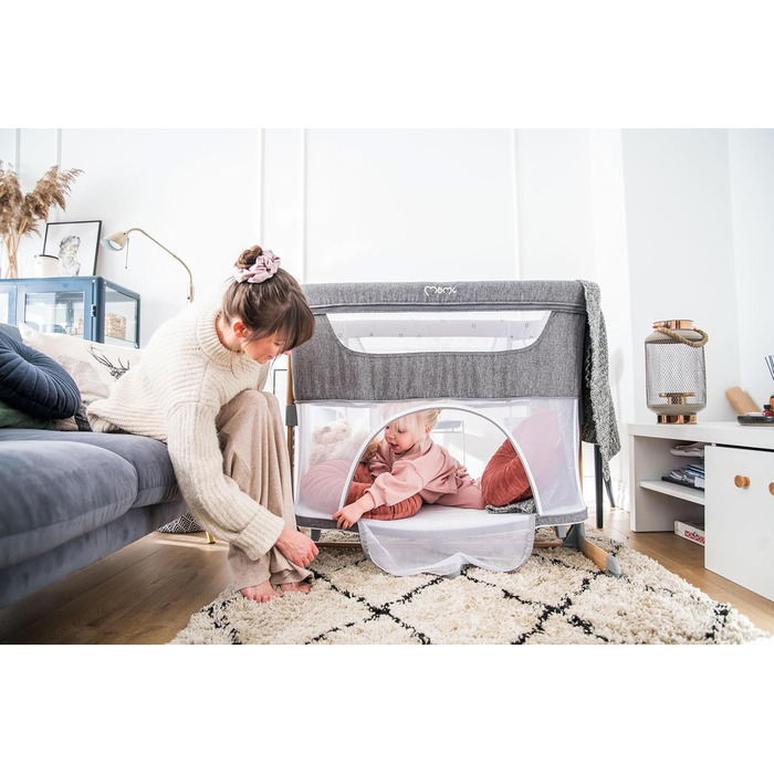 Дитяче ліжечко Momi SMART Bed 4-в-1 до 15 кг, приліжкове ліжечко для немовлят з матрацом, регульована висота, сірого кольору, одномісне