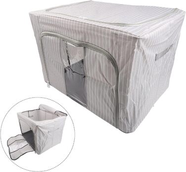 Складаний ящик для зберігання з вологостійкої тканини Оксфорд та сталевого каркасу, подвійною блискавкою зверху та прозорою передньою частиною для зручного зберігання та легкого доступу (66 л синього кольору, 66 л синього кольору в смужку)