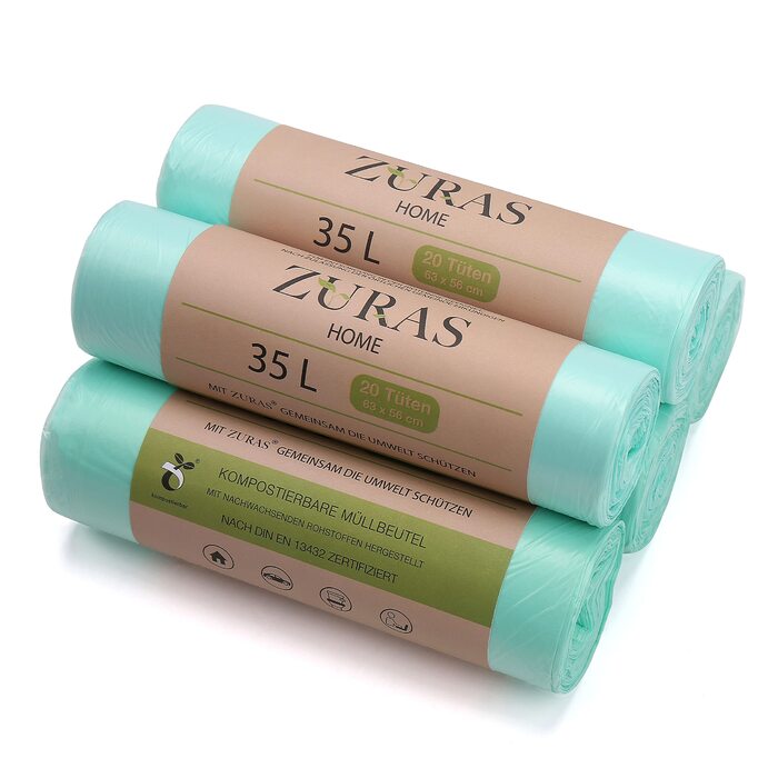 Компостовані пакети для сміття об&39ємом 35 літрів, 100 шт. Компостовані, біорозкладні пакети для сміття, виготовлені з рослинних матеріалів, сертифіковані та перевірені за стандартом DIN EN 13432, стійкі до розривів та водонепроникні.
