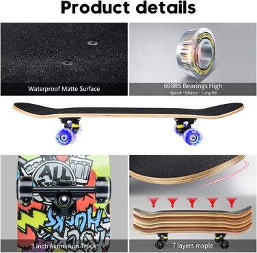 Повний скейтборд White-123 78.7 x 20.3 см - 8-шарова дека з клена, ABEC-11 підшипники, блискучі PU колеса, для дітей, підлітків та дорослих, білий дизайн