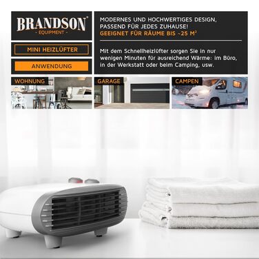 Енергозберігаючий тихий вентилятор-обігрівач Brandson, 3 рівні потужності, вентилятор-обігрівач для ванної кімнати з термостатом, індикатор роботи, 2000 Вт, низький рівень шуму, енергоефективний, захист від перегріву, автоматичне вимкнення A Білий