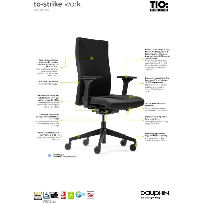 Переможець тесту Stiftung Warentest, ергономічне офісне крісло з 4D-підлокітниками, регульованою по висоті спинкою, від Dauphin (чорне), 9248