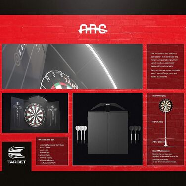Система освітлення дротиків Target Darts Arc, комплект для домашньої шафи, включаючи мішень для дротиків World Champion та 2 набори дротиків, чорний колір, стандартний розмір