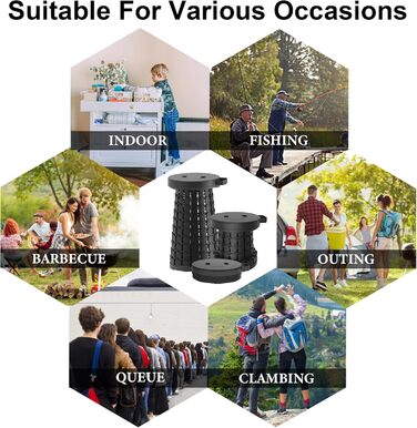 Портативний телескопічний стілець, портативний складаний стілець, висувний складаний стілець для кемпінгу, риболовлі, подорожей, барбекю, походів, регульований складаний стілець, складний стілець, вантажопідйомність 280 кг з карабіном, чорно-білий, 25x25x