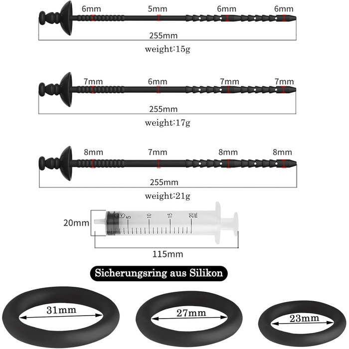 Набір уретральних дилататорів BDSMAGE, з шприцом та ерекційними кільцями, силікон, стимуляція простати, 3 шт.