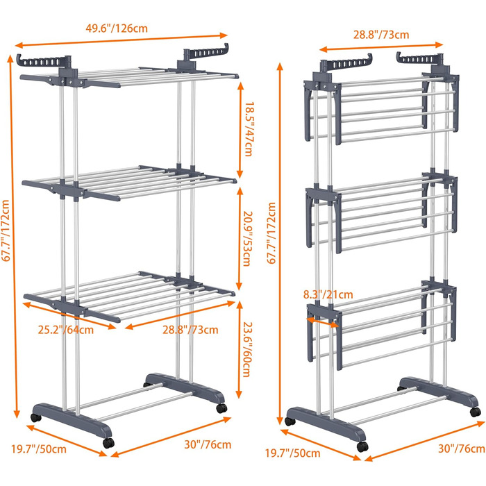 Сушарка для білизни HOMIDEC Сушарка для білизни на коліщатках, компактна - з 6 відкидними крилами і 2 обертовими бічними крилами,