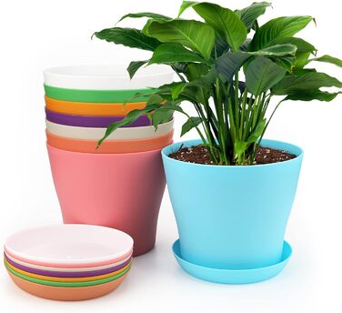 Кольорові великі горщики для квітів Круглі пластикові горщики для рослин з піддоном/піддонами для офісних балконних перил, 8 кольо