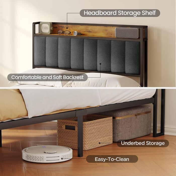 Каркас ліжка Bealife з металевою рейковою основою, односпальне ліжко з лляним покривалом, ліжко з м&39яким узголів&39ям та місцем для зберігання речей (120 x 200 см, темно-сірий колір)