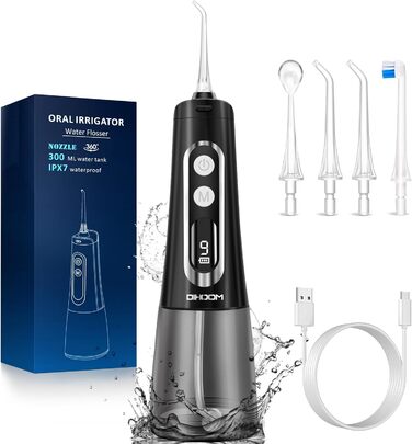 Бездротовий електричний очищувач зубів Oral Irrigator - DIHOOM 300ML Water Flosser 9 Mod & 4 насадки, зарядний пристрій USB водонепроникний IPX7, Стоматологічний іригатор Переможець тесту іригатора для дому та подорожей (чорний)