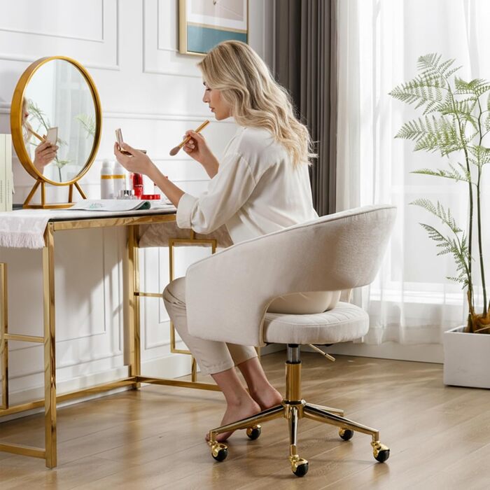 Офісний стілець з шенілу, ергономічне робоче крісло з підлокітниками, обертове крісло з колесами, туалетний стілець, регульована висота для домашнього офісу та офісу, бежевий