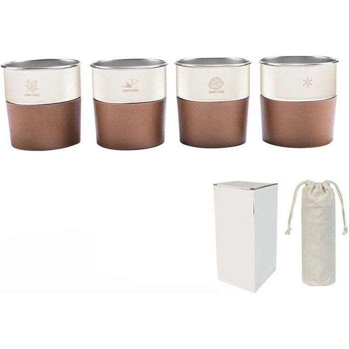 Набір із 4 стаканчиків з нержавіючої сталі об&39ємом 300 мл з тримачем зі штучної шкіри для походів та подорожей на свіжому повітрі