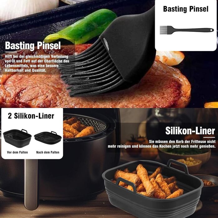 Аксесуари для фритюрниці Slumou, Аксесуари для подвійної фритюрниці для Ninja Foodi AF400EU, AF400EUCP, Cosori, подвійні аксесуари для фритюрниці 7.6-9.5 л, 5 шт. зі складною силіконовою формою, решітки для фритюрниці, масляна щітка