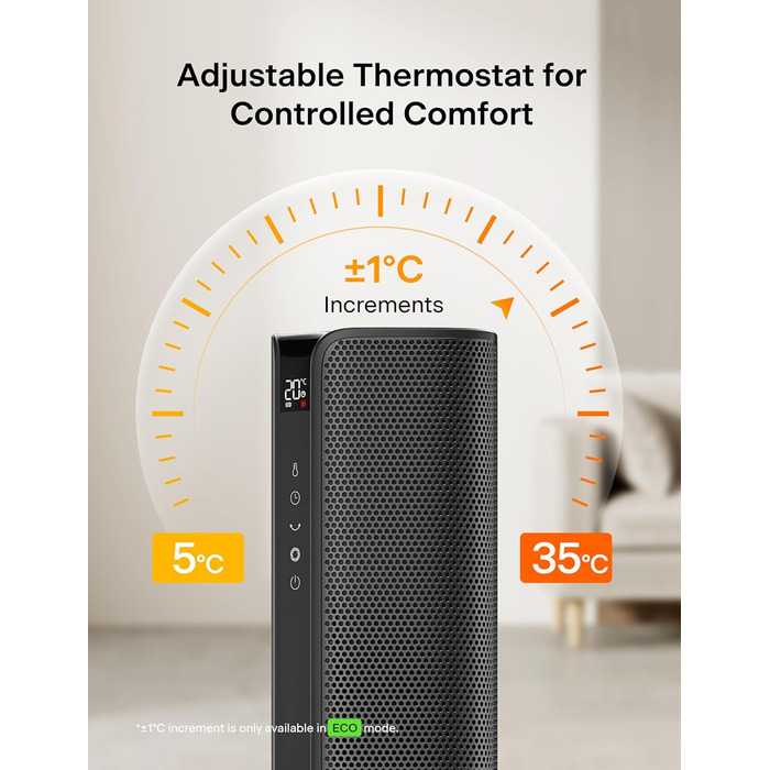 Електричний вентилятор-обігрівач PELONIS Tower Heater 2000 Вт з пультом дистанційного керування, швидкий нагрів 2S, коливання 75, еко-режим, захист від перегріву та перекидання, тихий керамічний обігрівач для спальні та офісу, 23 дюйми, чорний