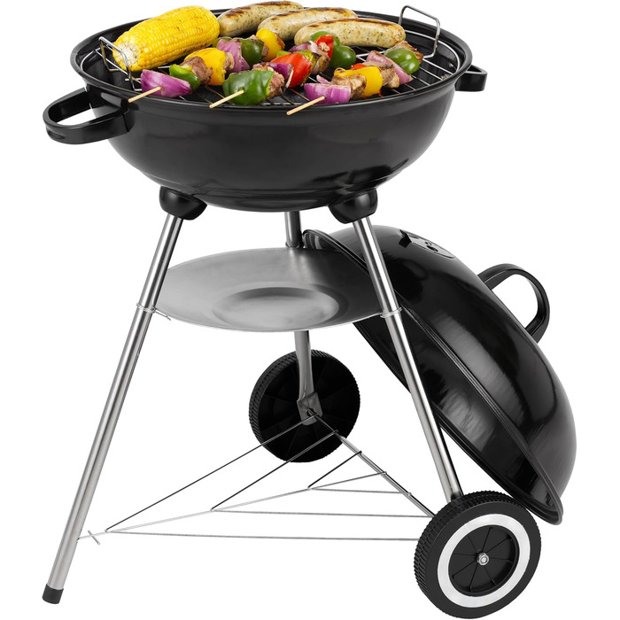 Вугільний гриль діаметром 41,5 см з кришкою, хромованим решіткою та попільником компактний круглий гриль з полицею, колесами та висотою робочої поверхні 58,5 см для саду та балкону