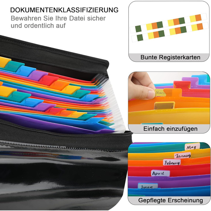 Папка для документів A4 з 13 відділеннями та кількома відділеннями - Вогнетривка сумка для документів із застібкою-блискавкою та етикетками - для файлів формату А4 Закордонний паспорт Чек та інше (L, Прозора гармошка з 26 кишенями на замках, Чорна), 4 -