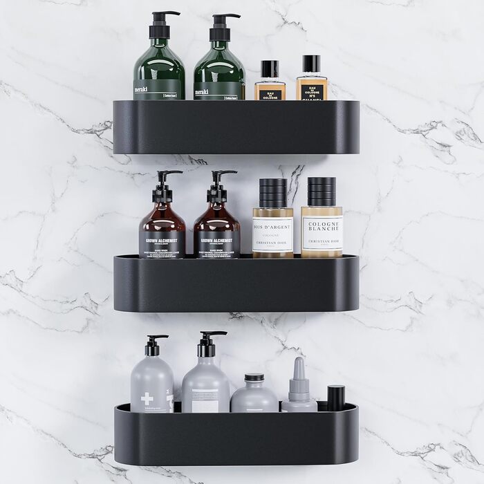 Кухонний та ванний органайзер без свердління, 3 шт. чорного кольору (L-розмір). Самоклеючі полиці з алюмінію з матовою поверхнею для ванної кімнати та кухні, не пошкоджують стіну.
