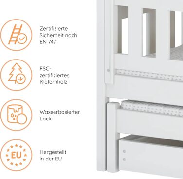 Двоярусне ліжко 90x200 см, дитяче ліжко, підліткове ліжко, двоярусне ліжко для 3 дітей, дві шухляди та поручні, що розкладається на 3 односпальні ліжка від 4 до 16 років вкл. рейкові основи білий 90x200 см, білий - Стиль 1