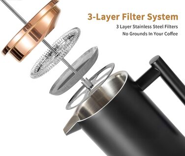 Кавоварка MeelioCafe French PressThermo з нержавіючої сталі 0,35 літра, кавовий прес 350 мл (2 чашки) Маленький, ізольований кавовий фільтр з подвійними стінками, чорний чорний 350 мл