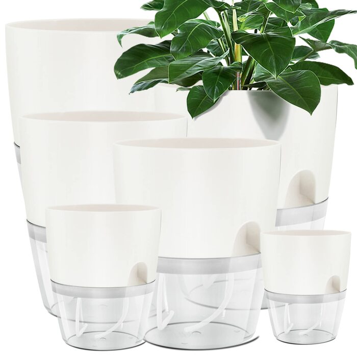 Пластикові квіткові горщики, 6 шт. , 22,3 см/15,3 см/10,5 см/8,2 см, горщики для трав із самополивом та резервуаром для води, сучасні горщики для кімнатних рослин, квітів та трав - Білі, комплект із 6 предметів